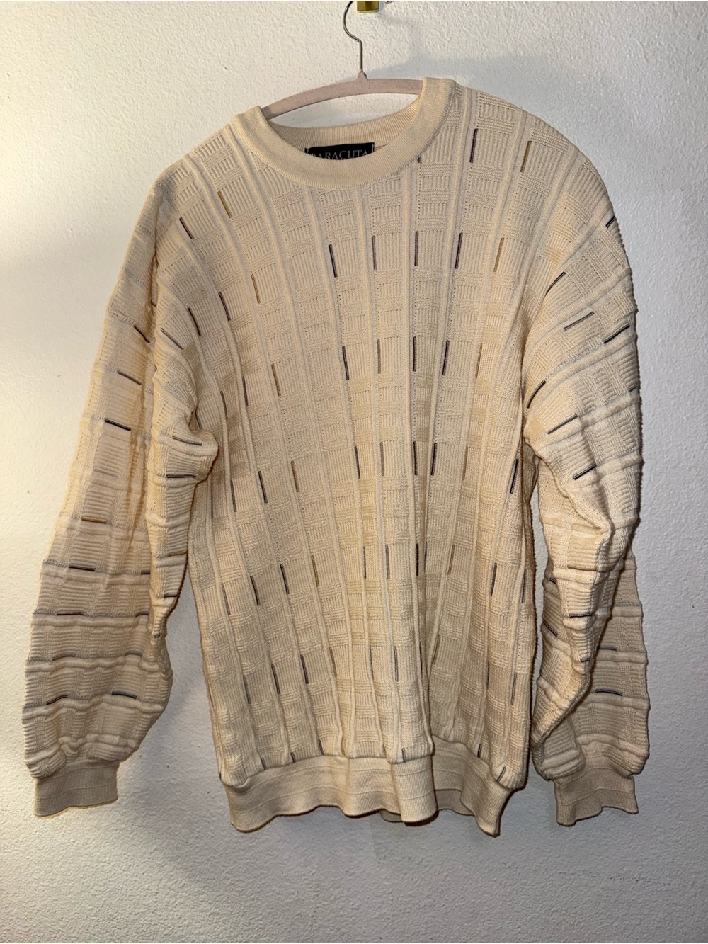 Men's Cream Open-Knit Crewneck Sweater